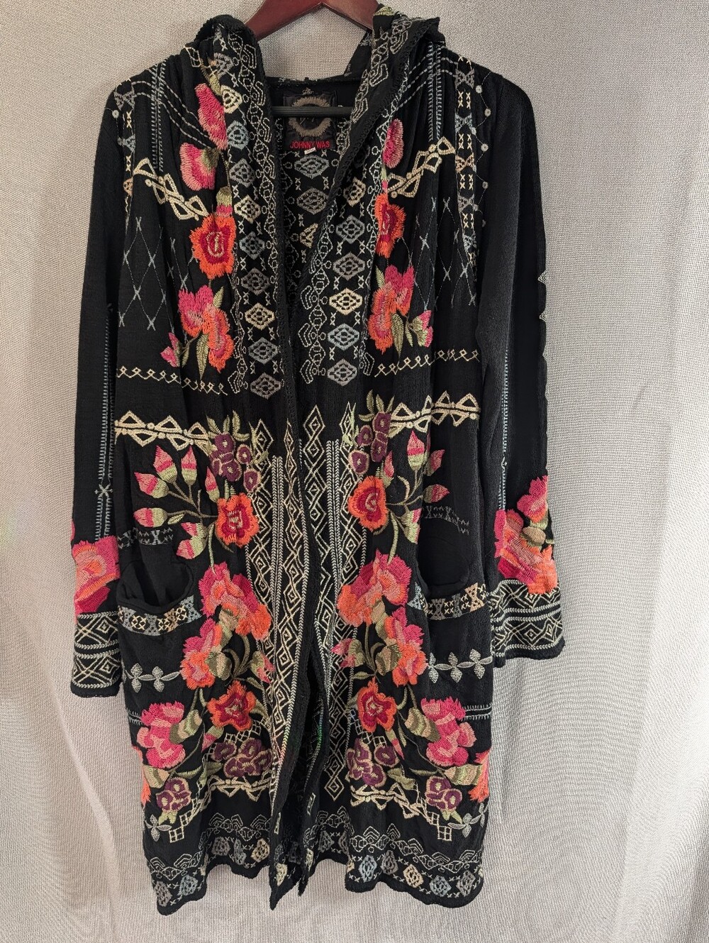 Johnny Was Biya Black Hooded Cardigan w/ Pink Floral Embroidery, NWOT Size XS